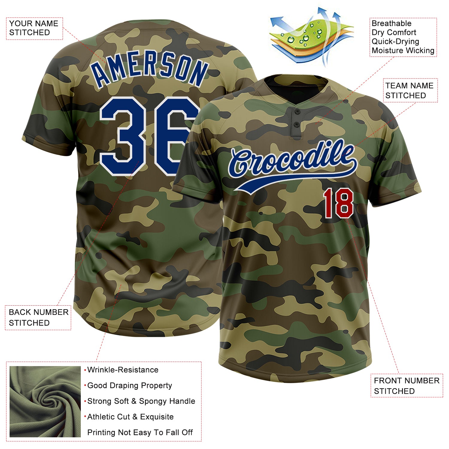 Personalized Camo Royal-Red Salute To Service Two-Button Unisex Softball Jersey Team Custom Name and Number Custom Name and Number Camo Royal-Red Softball Jersey - Personalized Unisex Two-Button Team Apparel Personalized Camo Royal-Red - Image 3