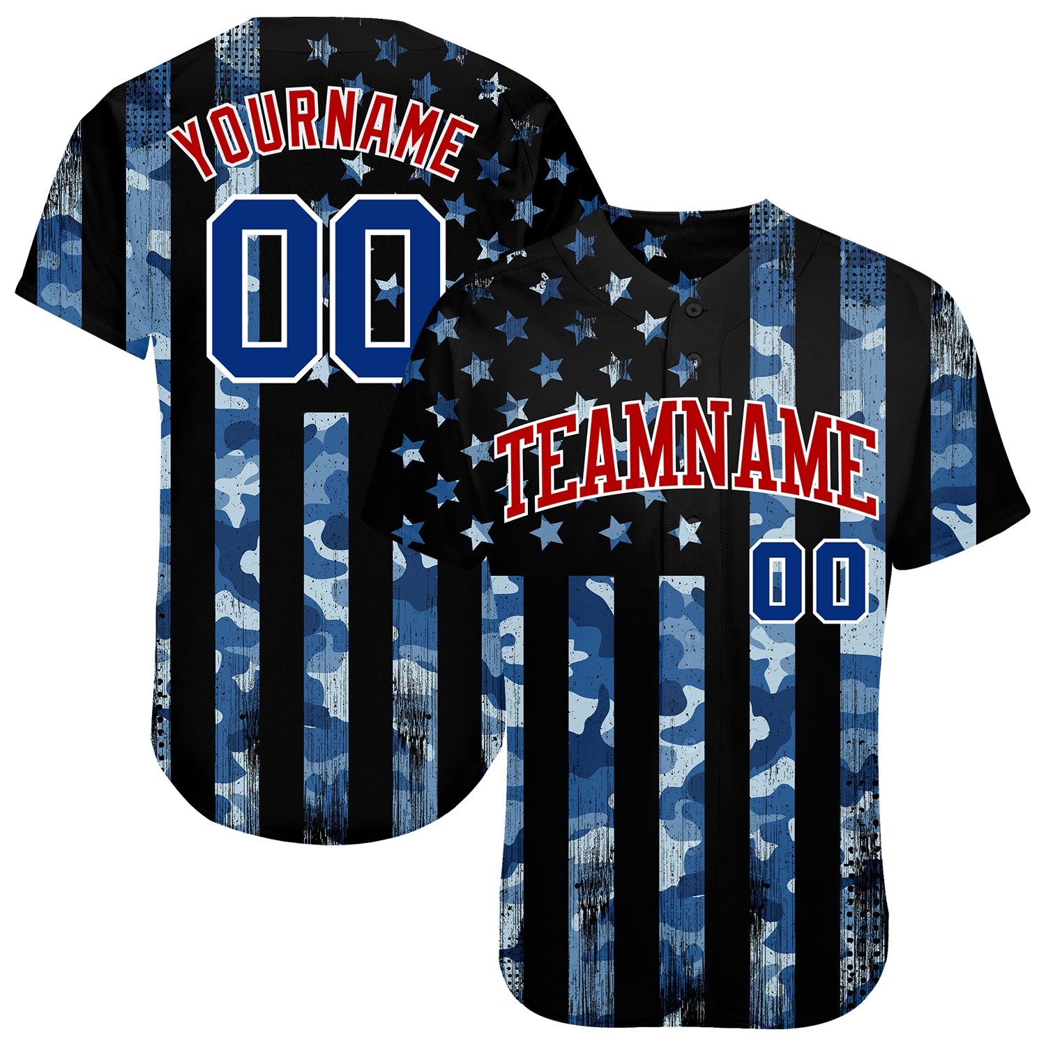Personalized Camo American Flag Baseball Jersey with Custom Name & Number - Royal Red-White 3D Salute To Service Personalized