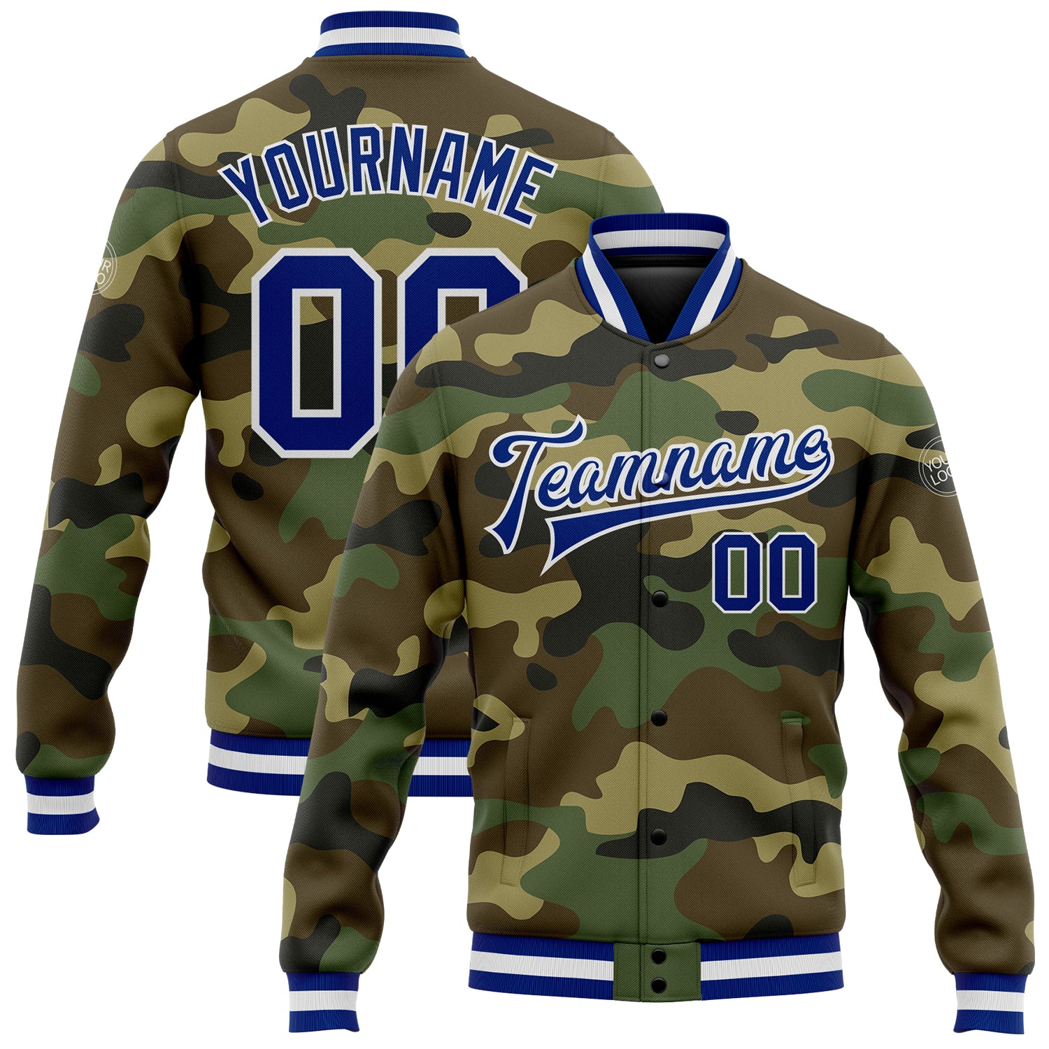 Custom Name and Number Camo Bomber Jacket - Royal-White Varsity Letterman Salute To Service Full-Snap Personalized Camo Royal-White