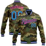 Custom Name Number Salute to Service Bomber Jacket Sky Blue Black Pink Camo Full-Snap Varsity Letterman Personalized Camo