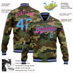 Personalized Bomber Jacket Sky Blue Black Pink Camo Full-Snap Varsity Salute To Service Personalized Camo Sky Blue Black-Pink