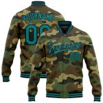 Custom Name Number Varsity Letterman Jacket Teal-Black Camo Bomber Salute to Service Personalized Camo Teal-Black Bomber