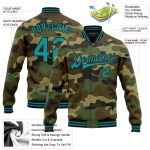Custom Name Number Varsity Letterman Jacket Teal-Black Camo Bomber Salute to Service Personalized Camo Teal-Black Bomber