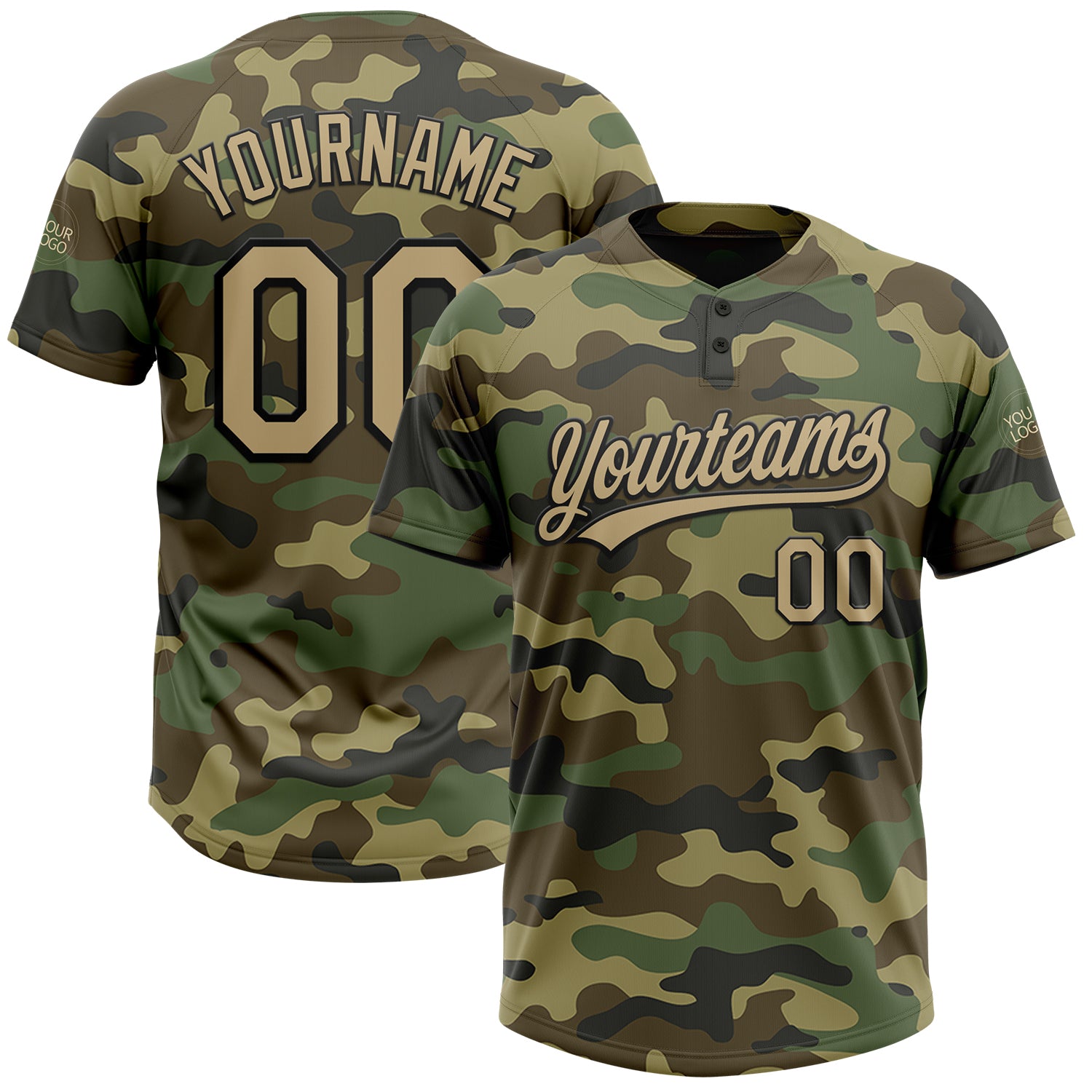 Personalized Camo Softball Jersey in Vegas Gold and Black - Unisex Two-Button Salute to Service Design Personalized Camo