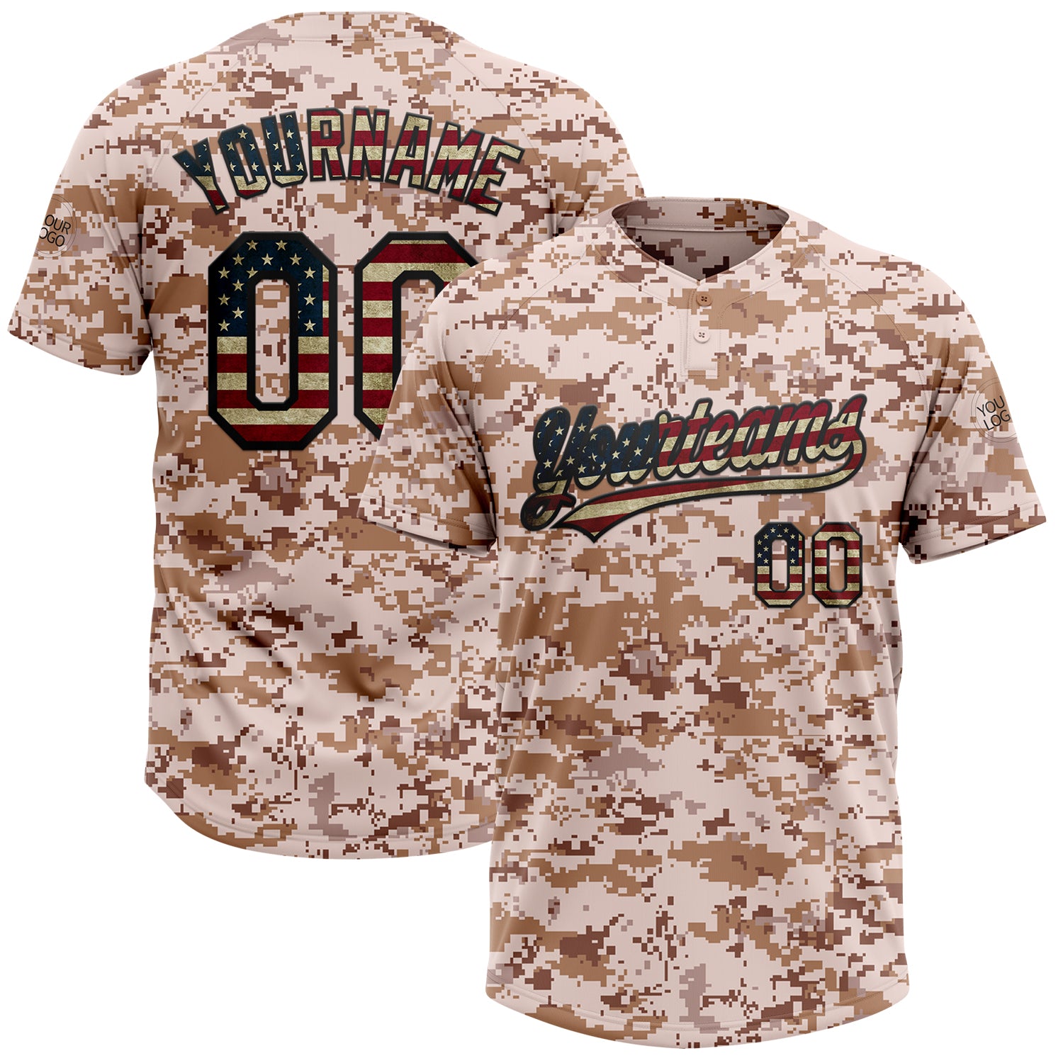 Personalized Camo Vintage USA Flag Two-Button Unisex Softball Jersey Custom Name and Number Salute to Service Personalized
