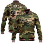 Custom Name Number Vintage USA Flag Camo Bomber Jacket Crimson Black Varsity Letterman Salute To Service Full-Snap Personalized
