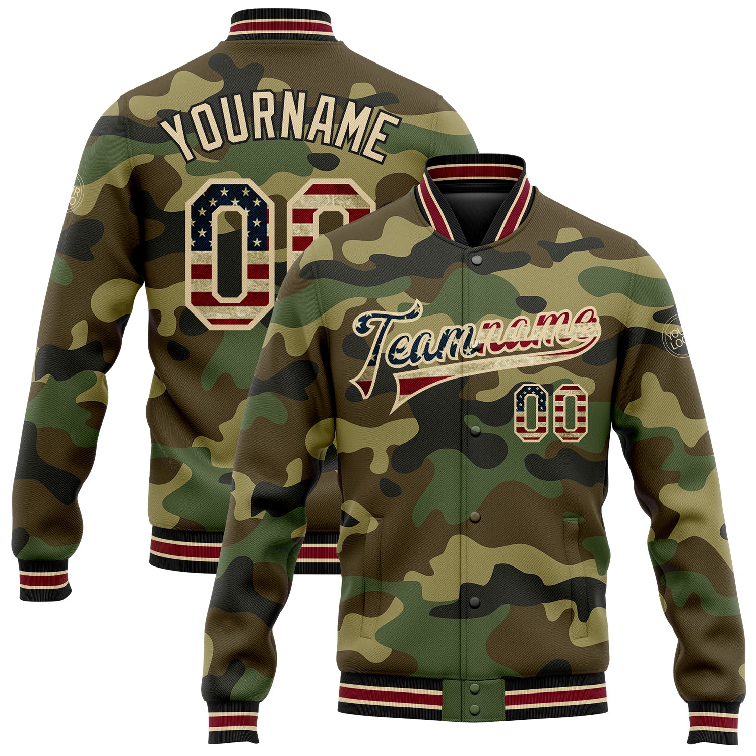 Custom Name Number Vintage USA Flag Camo Bomber Jacket Crimson Black Varsity Letterman Salute To Service Full-Snap Personalized