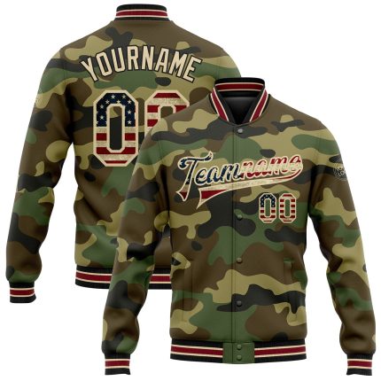 Camo Vintage USA Flag Bomber Jacket Cream Crimson-Black Full-Snap Varsity Letterman for Salute To Service Personalized Camo