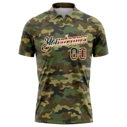 Personalized Camo USA Flag Golf Polo Shirt - Vintage City Cream Performance Salute to Service Personalized Camo Vintage USA