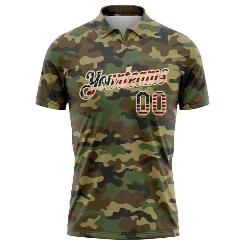 Custom Name Number Vintage Camo USA Flag Golf Polo Shirt Performance Salute to Service Team Apparel Personalized Camo Vintage