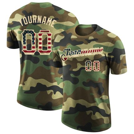 Personalized Camo USA Flag Vintage Performance T-Shirt - Salute to Service City Cream Personalized Camo Vintage USA Flag-City