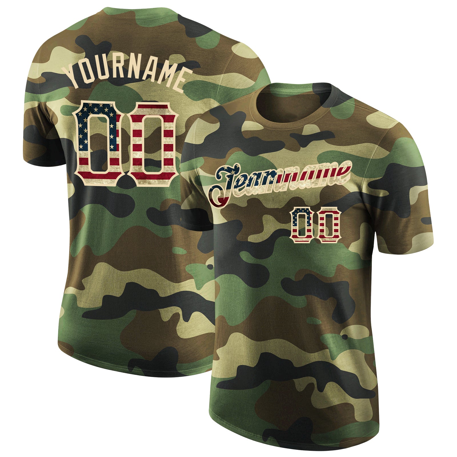 Custom Name & Number USA Flag Camo T-Shirt - Vintage Performance Salute to Service Cream Team Tee Personalized Camo Vintage
