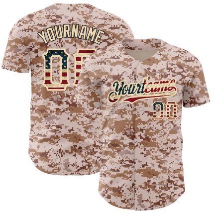 Personalized Vintage USA Flag Camo Baseball Jersey for Salute to Service, City Cream 2 Personalized Camo Vintage USA Flag-City