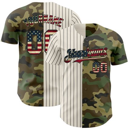 Personalized Vintage USA Flag Camo Baseball Jersey with Custom Name and Number - Salute to Service Design in Cream and Black Pinstripe