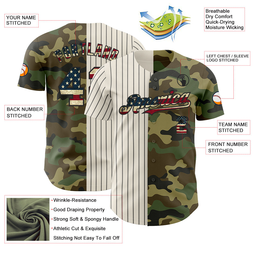 Personalized Camo Vintage USA Flag Cream-Black Pinstripe Authentic Split Fashion Salute To Service Baseball Jersey Team Custom Name and Number Personalized Vintage USA Flag Camo Baseball Jersey with Custom Name and Number - Salute to Service Design in Cream and Black Pinstripe - Image 3