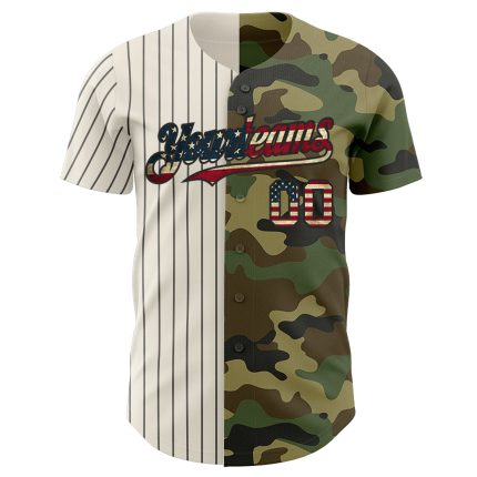 Personalized Vintage USA Flag Camo Baseball Jersey with Custom Name and Number - Salute to Service Design in Cream and Black Pinstripe