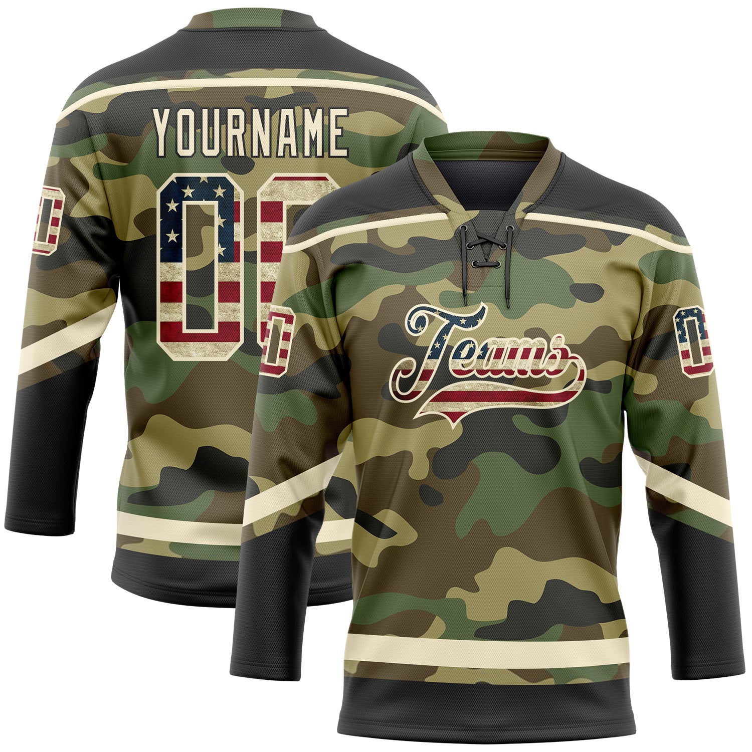 Personalized Camo Vintage USA Flag Cream-Black Salute To Service Hockey Lace Neck Jersey Team Custom Name and Number Custom Name and Number Personalized Camo Vintage USA Flag Hockey Jersey Lace Neck Salute To Service Team - Cream-Black Personalized - Image 1