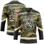 Custom Name and Number Personalized Camo Vintage USA Flag Hockey Jersey Lace Neck Salute To Service Team - Cream-Black Personalized