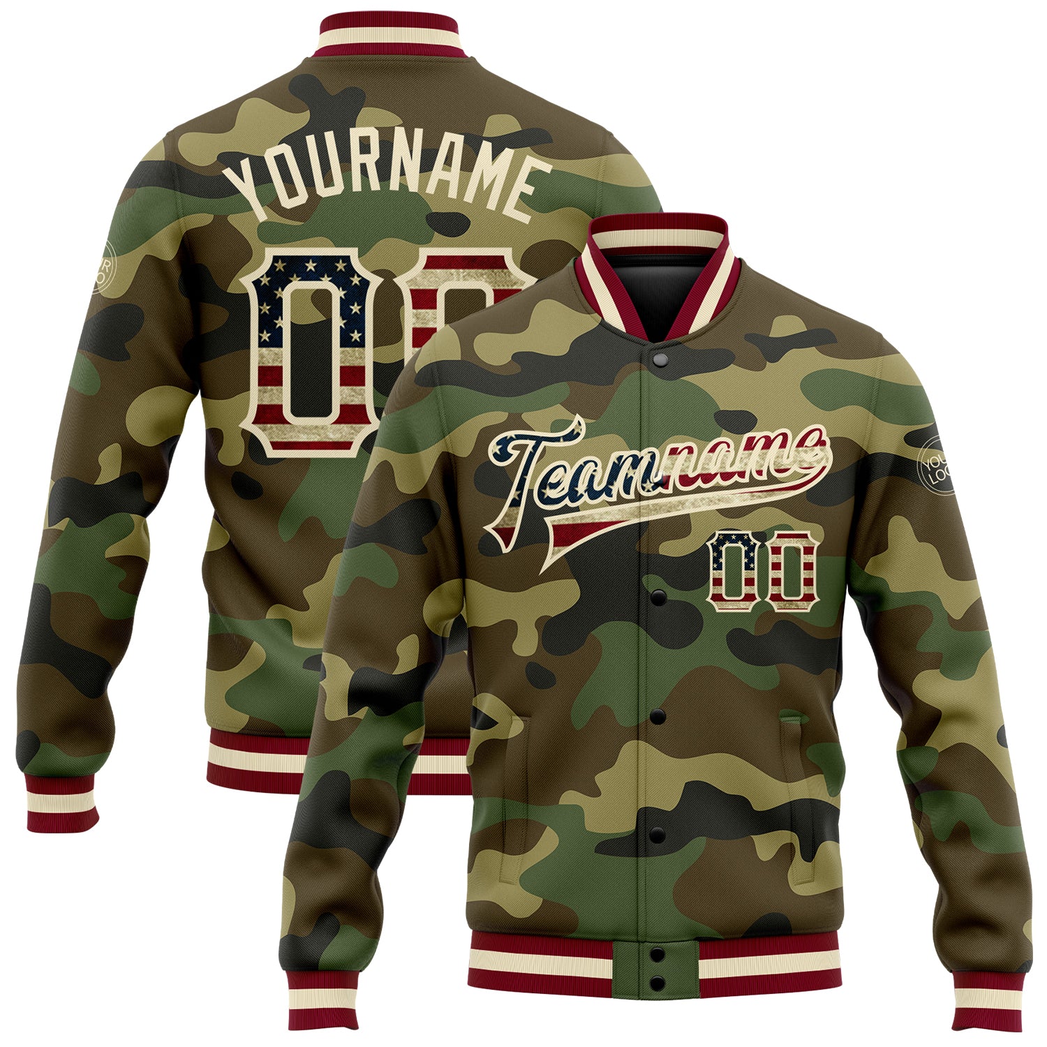 Personalized Camo Vintage USA Flag Jacket Bomber Full-Snap Varsity Letterman Salute to Service Cream-Maroon Personalized