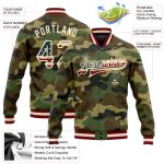 Custom Name and Number Vintage Camo USA Flag Bomber Jacket Maroon Cream Full-Snap Varsity Letterman Salute to Service Personalized