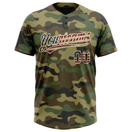 Personalized Vintage USA Flag Softball Jersey - Camo Salute to Service, Custom Name & Number, Unisex, Two-Button Personalized