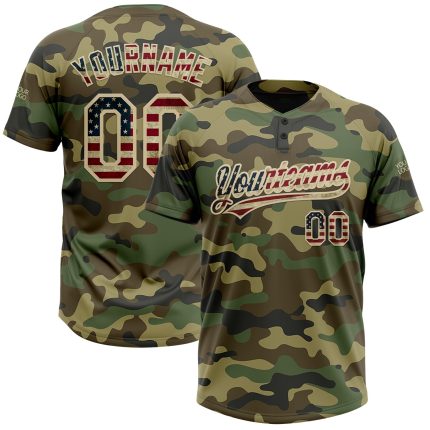 Personalized Vintage USA Flag Softball Jersey - Camo Salute to Service, Custom Name & Number, Unisex, Two-Button Personalized