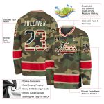 Custom Name and Number Vintage Camo USA Flag Hockey Jersey - Red Salute To Service Personalized Camo Vintage USA Flag-Red