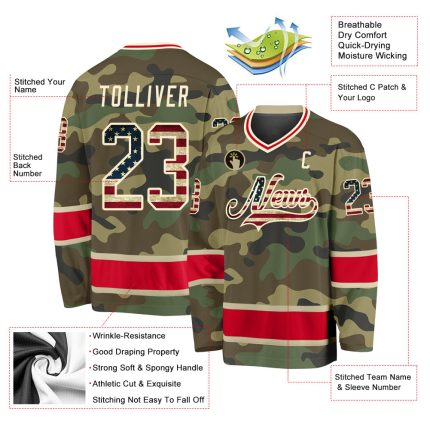 Custom Name and Number Vintage Camo USA Flag Hockey Jersey - Red Salute To Service Personalized Camo Vintage USA Flag-Red