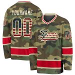Custom Name and Number Vintage Camo USA Flag Hockey Jersey - Red Salute To Service Personalized Camo Vintage USA Flag-Red