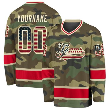 Custom Name and Number Vintage Camo USA Flag Hockey Jersey - Red Salute To Service Personalized Camo Vintage USA Flag-Red
