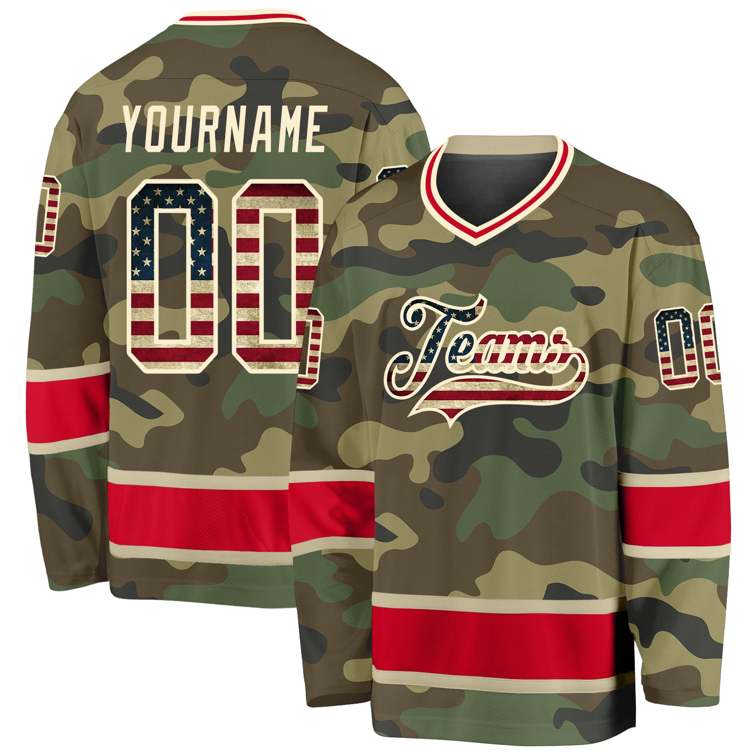 Custom Name and Number Vintage Camo USA Flag Hockey Jersey - Red Salute To Service Personalized Camo Vintage USA Flag-Red
