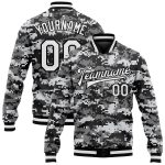 Custom Camo Salute to Service Jacket White-Black 3D Full-Snap Varsity Bomber Personalized Camo White-Black 3D Bomber Full-Snap