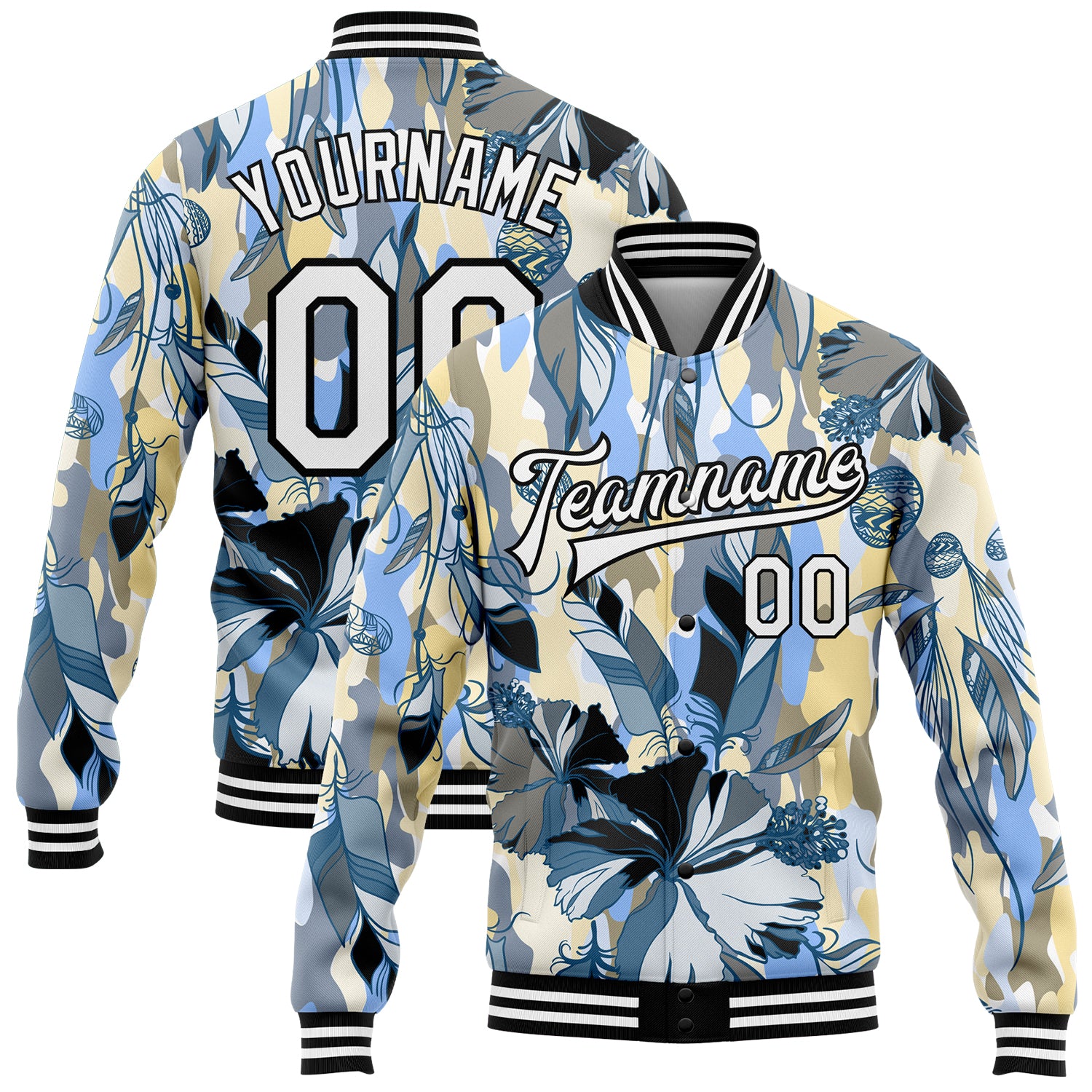 Personalized Camo Jacket with Custom Name & Number - White-Black Boho 3D Pattern Varsity Letterman Full-Snap Bomber Personalized