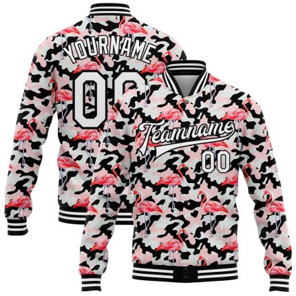 Custom Name & Number Camo Varsity Jacket with 3D Flamingo Pattern - Full-Snap Bomber Salute to Service Style Personalized