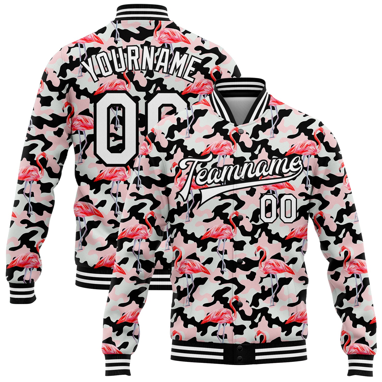 Custom Name & Number Camo Varsity Jacket with 3D Flamingo Pattern - Full-Snap Bomber Salute to Service Style Personalized