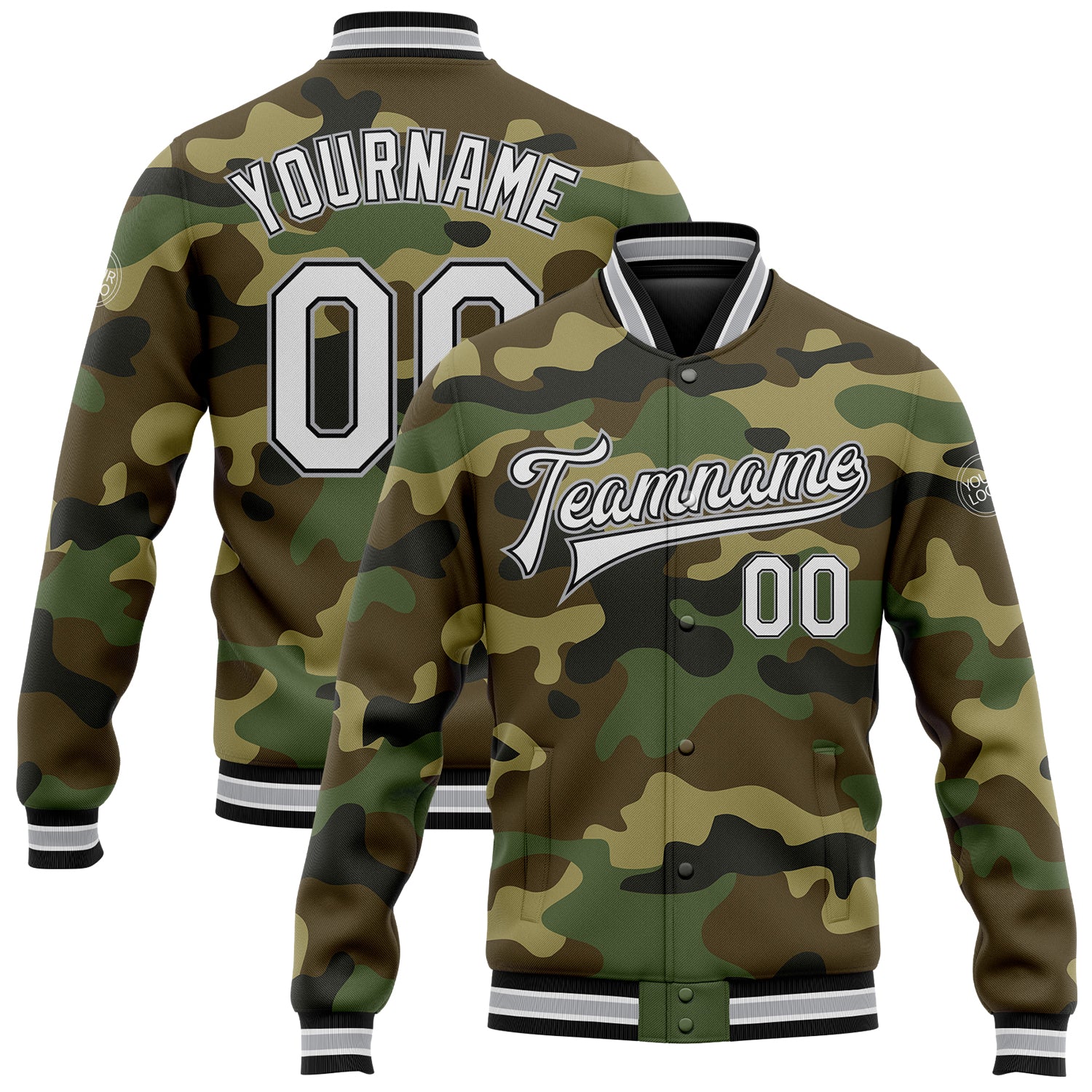 Personalized Camo Bomber Jacket for Men - White Black Gray Full-Snap Varsity Letterman Salute To Service Personalized Camo