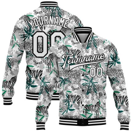 Personalized Camo Tropical Jungle Animal 3D Bomber Jacket White-Black Varsity Letterman Salute to Service Personalized Camo