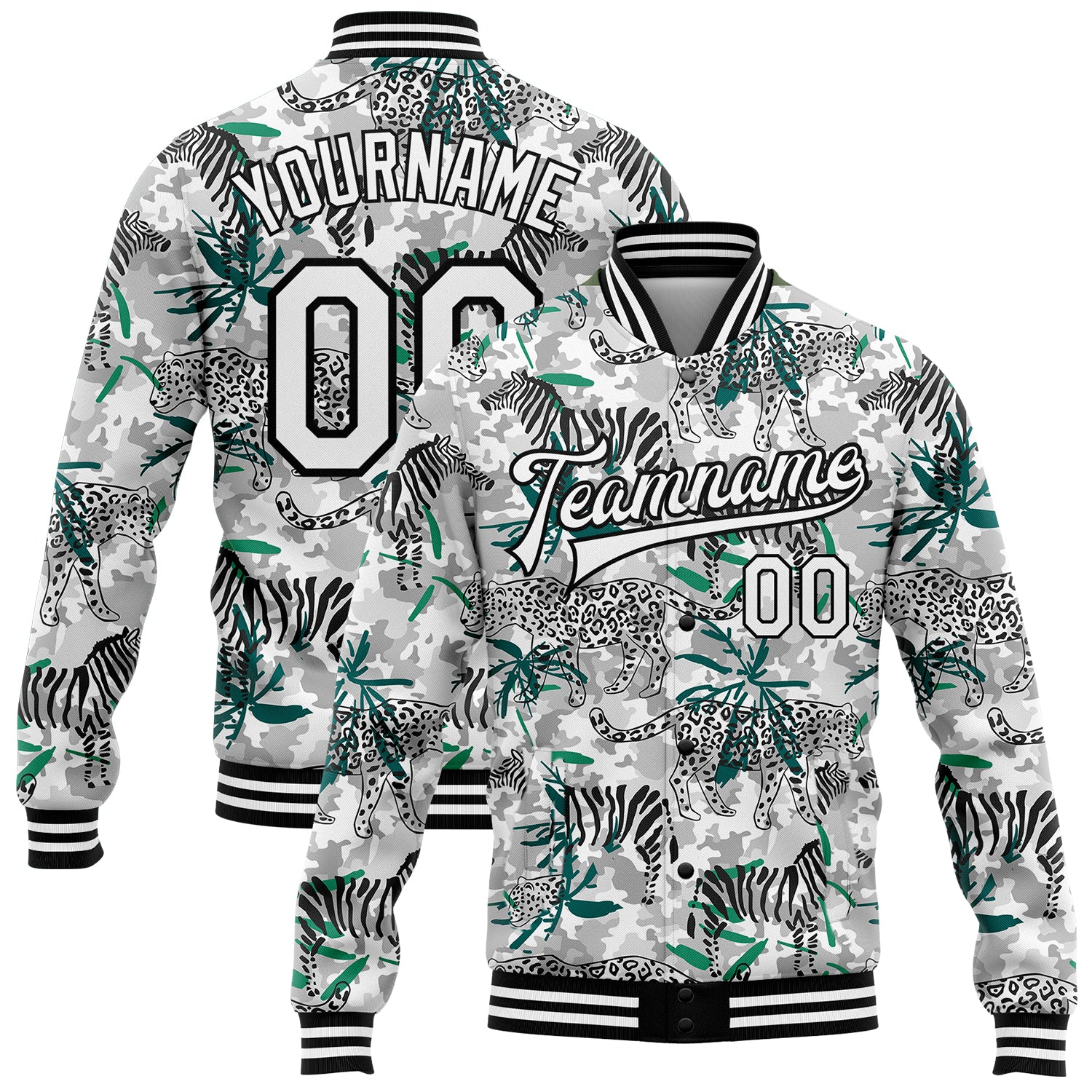 Custom Name Number Jungle Camo 3D Pattern Varsity Jacket - Personalized Full-Snap Bomber Team Salute to Service Design Personalized