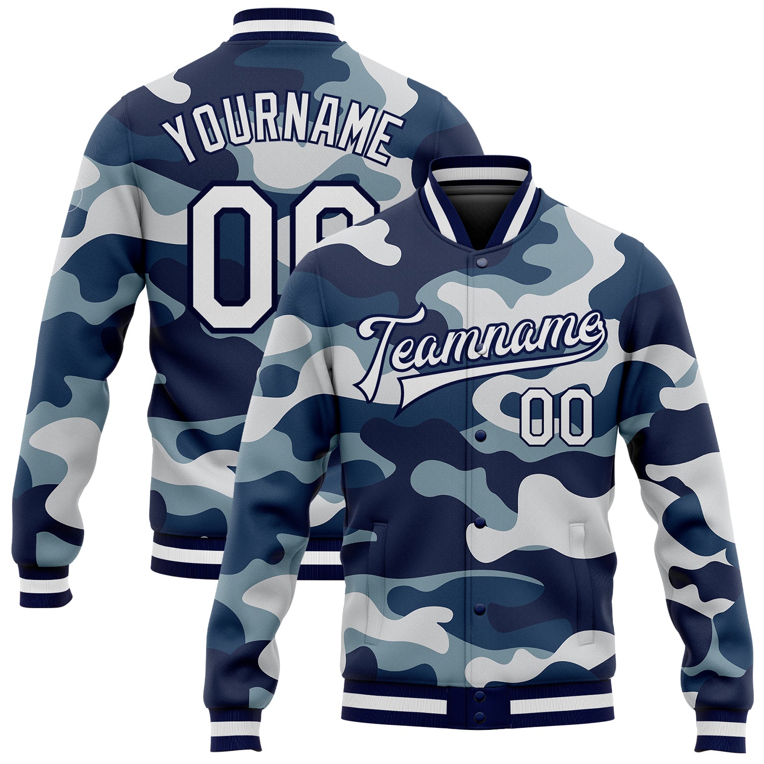 Personalized Camo Jacket White-Navy 3D Bomber Full-Snap Varsity Letterman Salute To Service Personalized Camo White-Navy