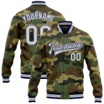 Personalized Camo Jacket for Men, White Navy-Gray Full-Snap Varsity Letterman Style, Salute To Service Bomber Personalized