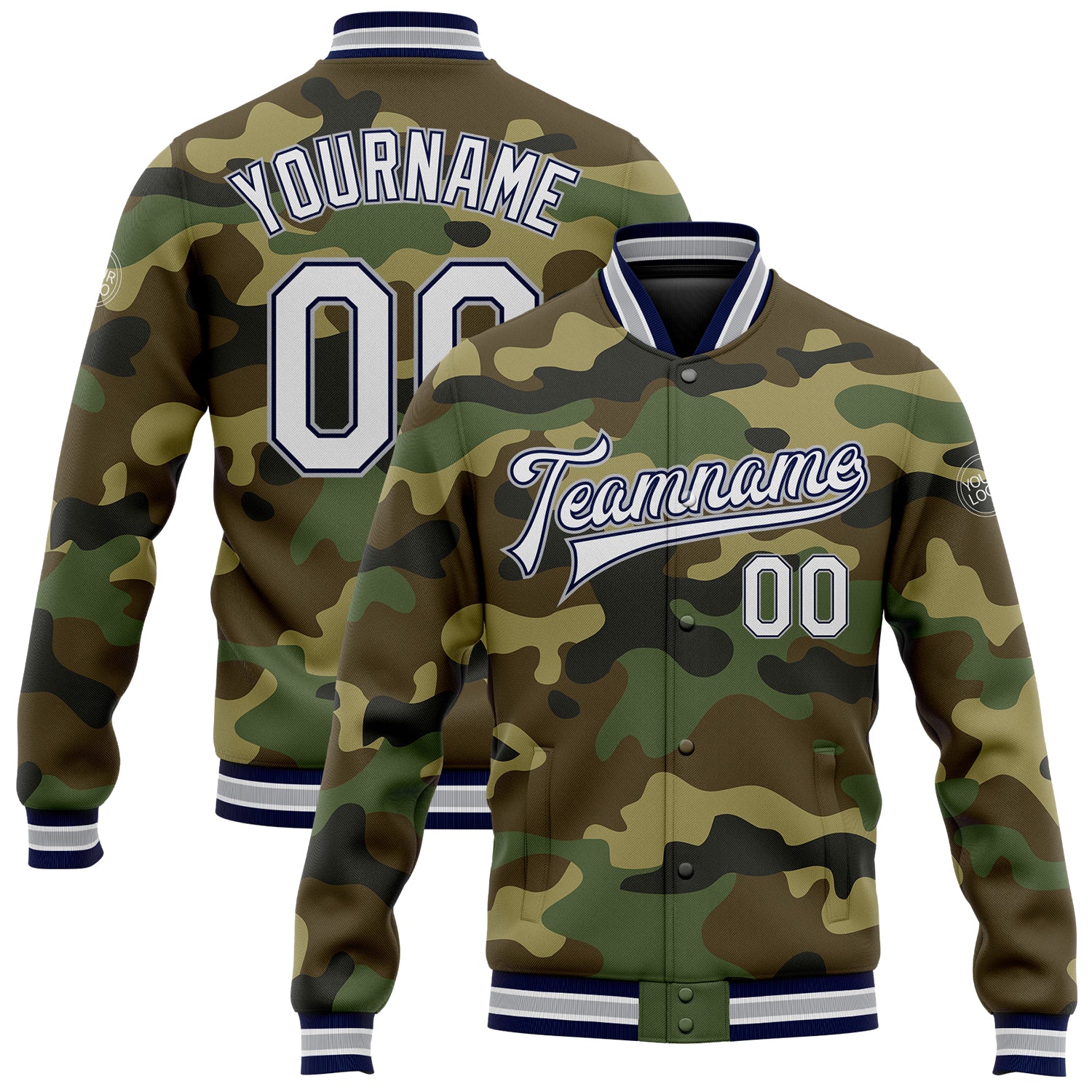 Custom Name Number Salute to Service Jacket - Personalized Camo White Navy-Gray Bomber Varsity Letterman Full-Snap Personalized