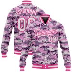 Personalized Camo Jacket for Women, White-Pink 3D Bomber Full-Snap Varsity Letterman Salute to Service Personalized Camo