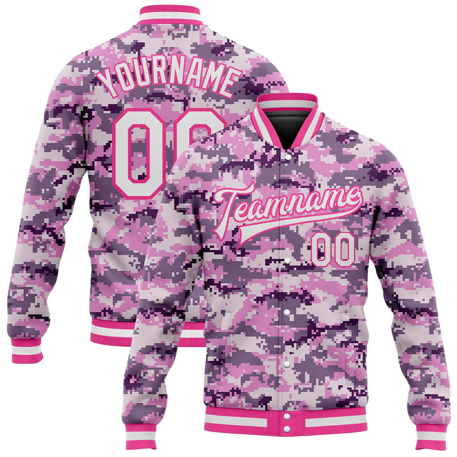 Custom Name and Number Varsity Jacket - Personalized Camo White-Pink 3D Bomber Full-Snap Salute To Service Personalized Camo