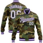 Personalized Camo Jacket White Purple-Gray Varsity Letterman Bomber Full-Snap Salute To Service Personalized Camo White Purple-Gray