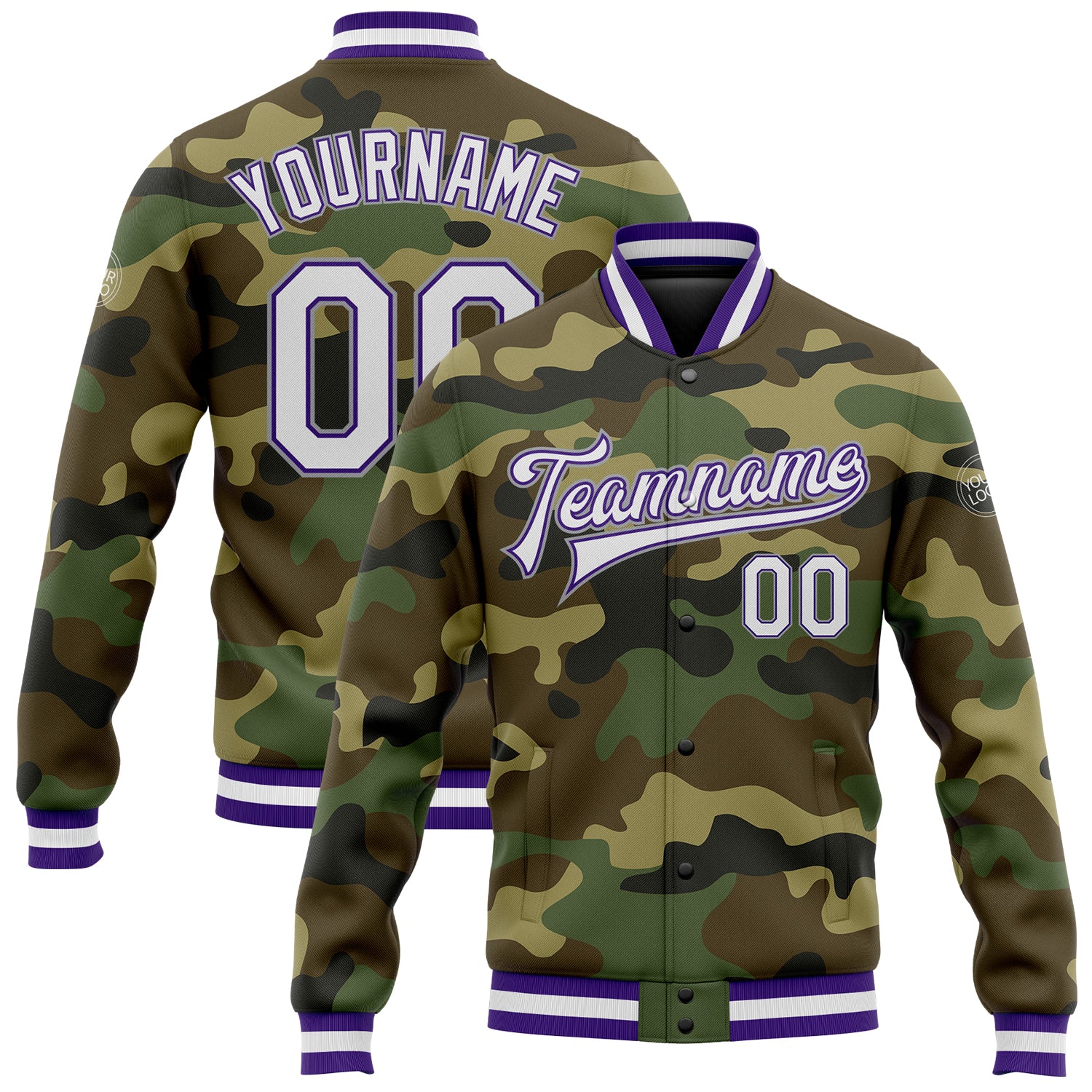 Personalized Camo Jacket White Purple-Gray Varsity Letterman Bomber Full-Snap Salute To Service Personalized Camo White Purple-Gray
