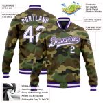 Personalized Camo Jacket White Purple-Gray Varsity Letterman Bomber Full-Snap Salute To Service Personalized Camo White Purple-Gray