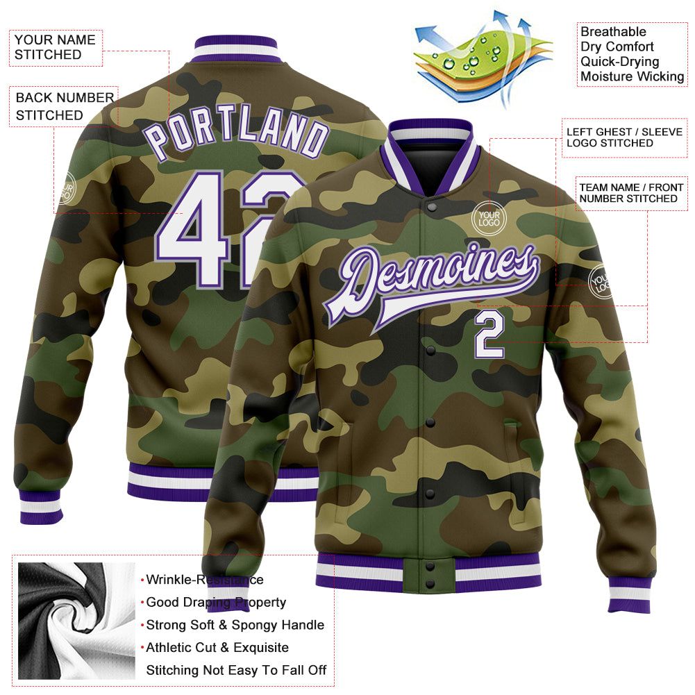 Personalized Camo Jacket White Purple-Gray Varsity Letterman Bomber Full-Snap Salute To Service Personalized Camo White Purple-Gray - Image 5