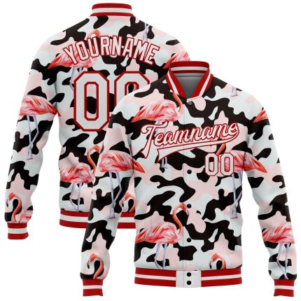 Custom Camouflage Flamingo 3D Bomber Jacket Red White Varsity Full-Snap Letterman Salute to Service Personalized Camo White-Red