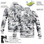 Personalized Camo Snow Jacket in White and Steel Gray, 3D Bomber Full-Snap Varsity Letterman, Salute To Service Personalized