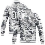 Personalized Camo Snow Jacket in White and Steel Gray, 3D Bomber Full-Snap Varsity Letterman, Salute To Service Personalized